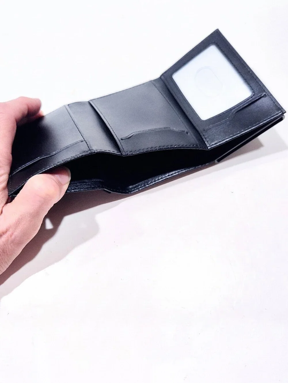 Unbranded Black Leather Tri-Fold Wallet Pop Up Card Holder Slim Magnetic